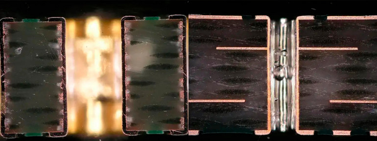 Rysunek 2. Przekroje przelotek w płycie dwuwarstwowej (po lewej) i wielowarstwowej (po prawej). Pęcherzyki w przelotce są zawieszone w żywicy