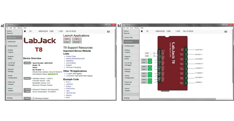 Rysunek 1. Okno programu Kipling3 - a) informacje ogólne o module T8; b) okno sterowania modułem