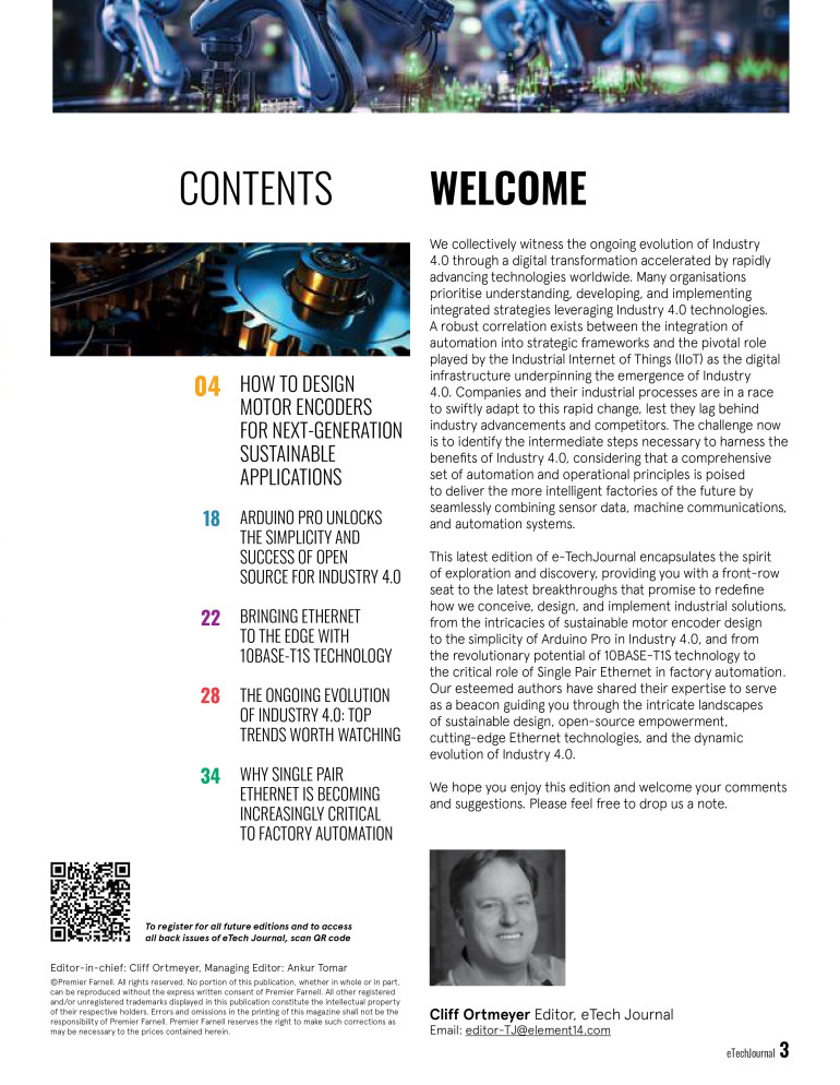 Spis treści szóstego, najnowszego wydania e-Tech Journal. Na dole spisu pan Cliff Ortmeyer - redaktor naczelny e-Tech Journal