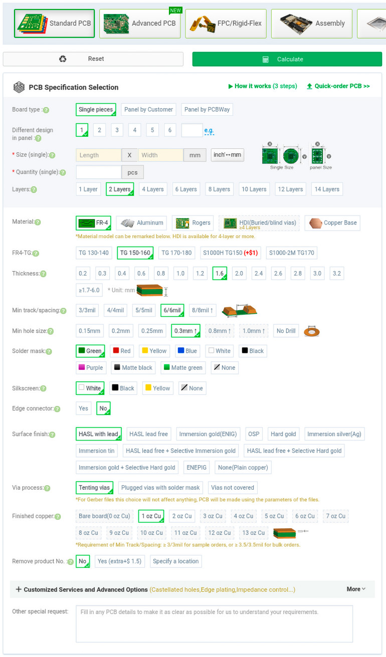 Rysunek 1. Formularz szybkich zamówień PCB w procedurze produkcji standardowej