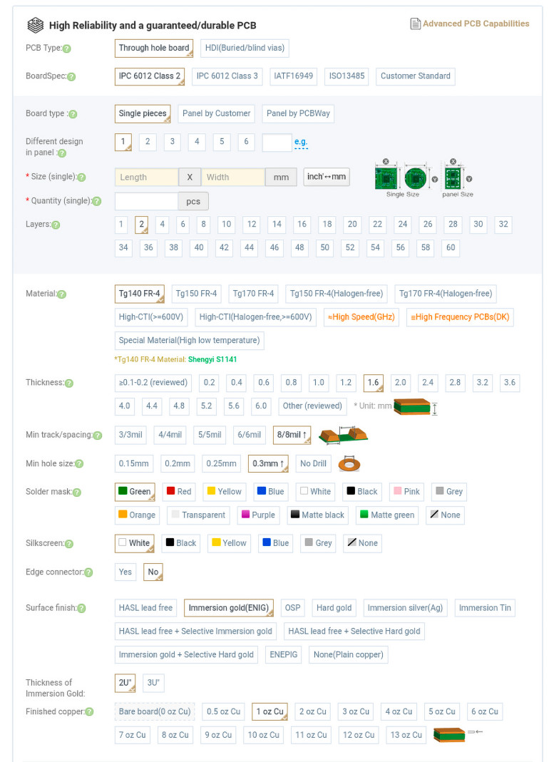 Rysunek 2. Formularz zamówień zaawansowanych obwodów drukowanych