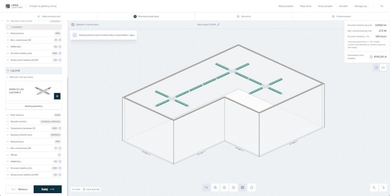 Widok konfiguratora oświetlenia Lena Lighting