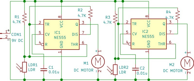 Rysunek 1 - Schemat elektryczny trójkołowego robota podążającego za światłem