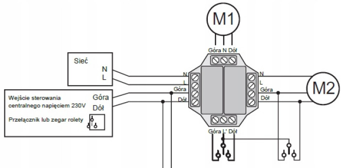 Przykładowy schemat podłączenia modułowego przekaźnika roletowego RS1-M