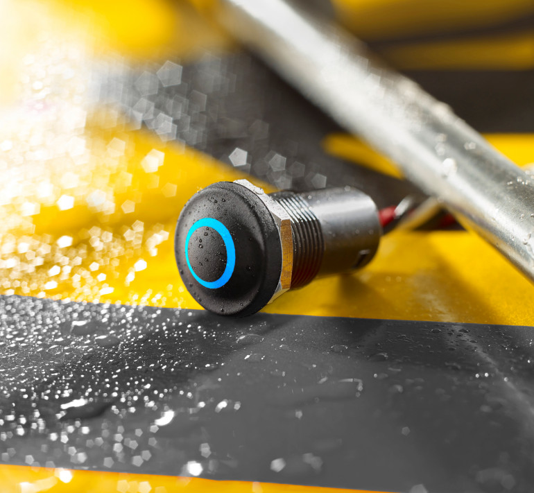 Fotografia 1. Przełącznik z serii IX, wyposażony w niebieski pierścień podświetlający