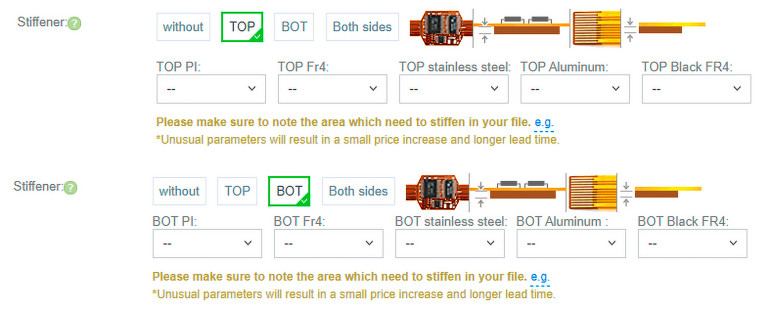 Rysunek 1. PCBWay oferuje produkcję płytek sztywno-giętkich z usztywnieniami na bazie FR4, poliimidu, a nawet stali nierdzewnej lub aluminium.
