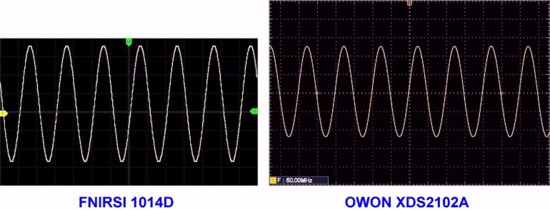 Fala sinusoidalna 50 MHz na ekranie obu oscyloskopów