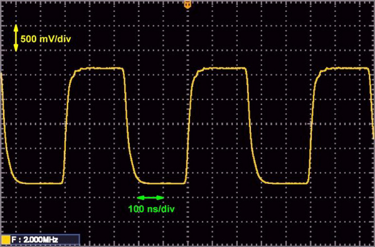 Wyjście generatora funkcyjnego dla przebiegu prostokątnego o częstotliwości 2 MHz
