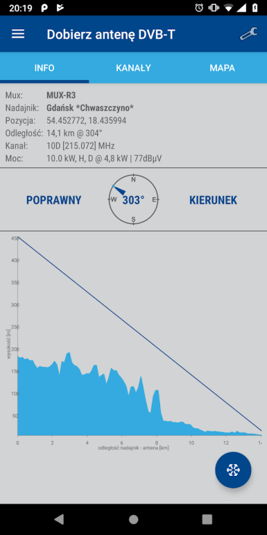Widok aplikacji Dobierz antenę DVB-T2