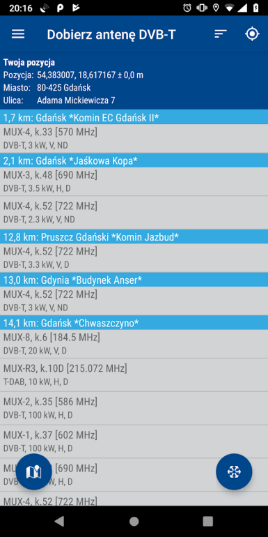 Widok aplikacji Dobierz antenę DVB-T2