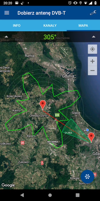 Widok aplikacji Dobierz antenę DVB-T2