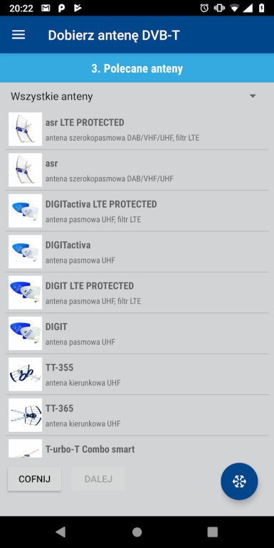 Widok aplikacji Dobierz antenę DVB-T2