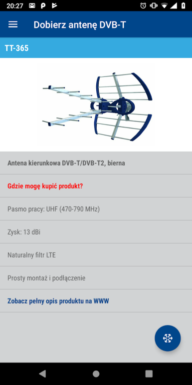 Widok aplikacji Dobierz antenę DVB-T2