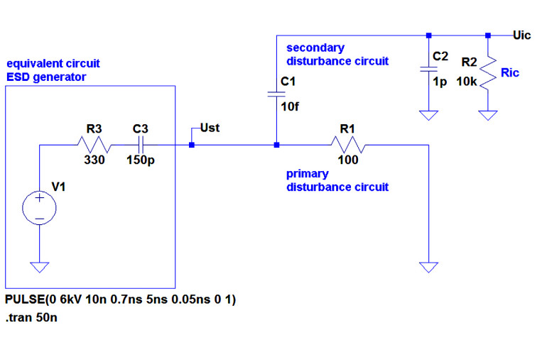 Rysunek 7. Przykład szacowania napięcia zakłócającego na styku układu scalonego podczas sprzęgania pola zakłóceń elektrycznych