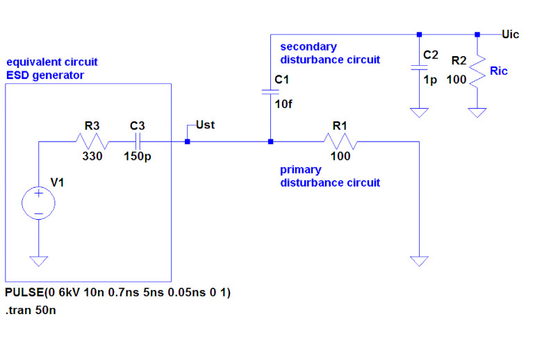 Rysunek 9. Obwód równoważny różnicujących efektów sprzężenia interferencyjnego przez pole elektryczne