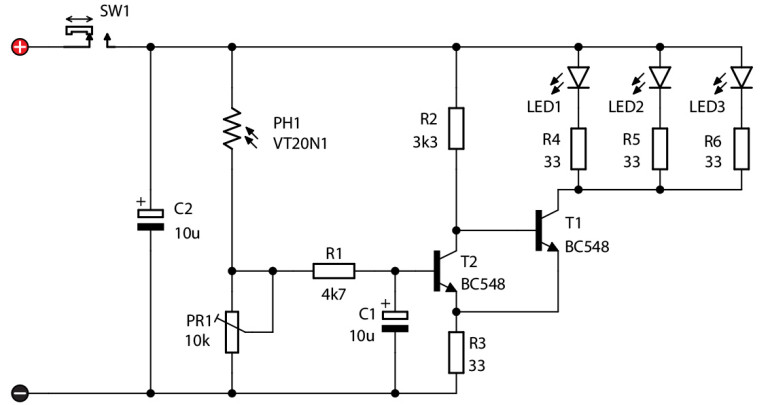 Rysunek 1. Schemat elektryczny obwodu zmierzchowej lampki LED