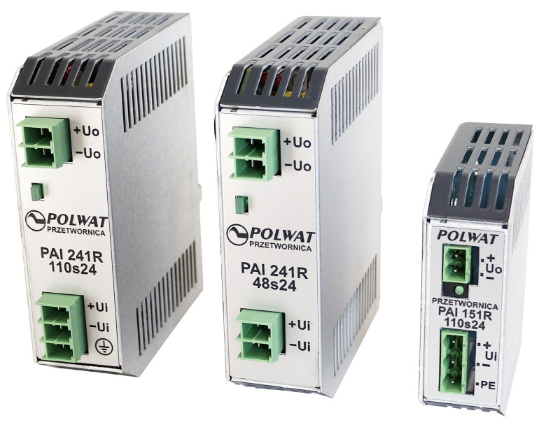 Fotografia 1. Przetwornice PAI151R i 241R o mocach wyjściowych 150 W i 240 W przeznaczone do montażu na szynie TS35