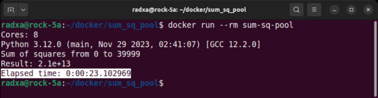 Przykładowy czas, po którym wykonano kod Petera Milnego na komputerze jednopłytkowym ROCK 5A