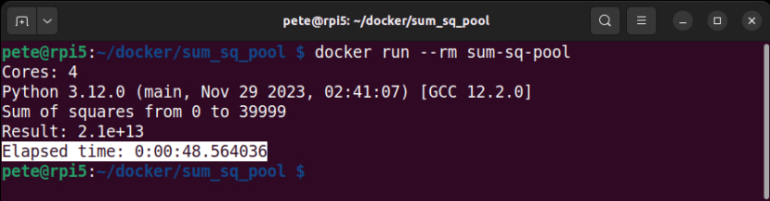 Przykładowy czas, po którym wykonano kod Petera Milnego na komputerze jednopłytkowym Raspberry Pi 5