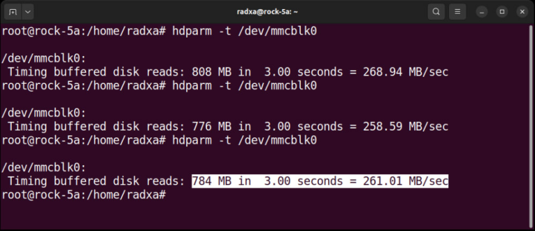 Przykładowy wynik testu odczytu danych z modułu pamięci eMMC na komputerze ROCK 5A
