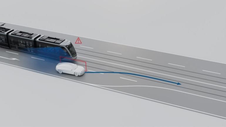 Jedna z funkcjonalności systemu wspomagania tramwajów firmy Bosch - zapobieganie różnego rodzaju kolizjom
