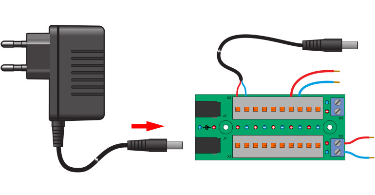 Przykład zastosowania do dystrybucji napięcia z zasilacza wtyczkowego