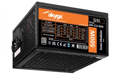 Komputerowy zasilacz półmodularny ATX AK-C2-500 produkcji Akyga o mocy wyjściowej 500 W