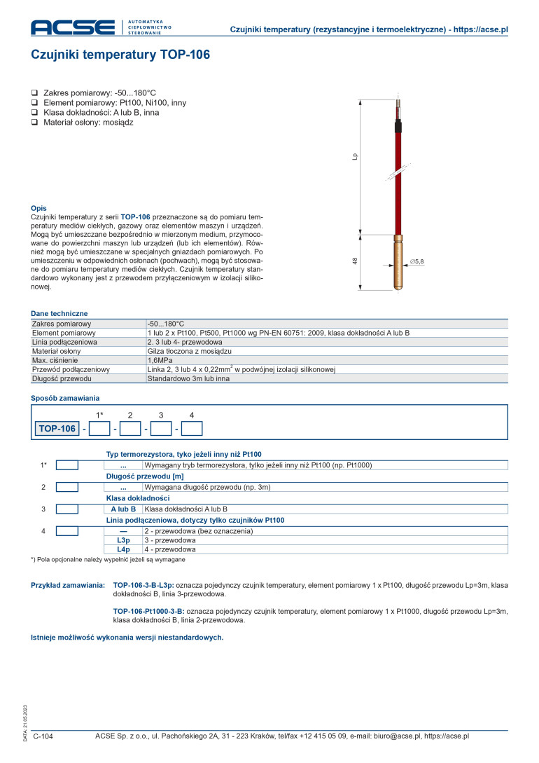 Dokumentacja techniczna rezystancyjnych czujników temperatury z serii TOP-106
