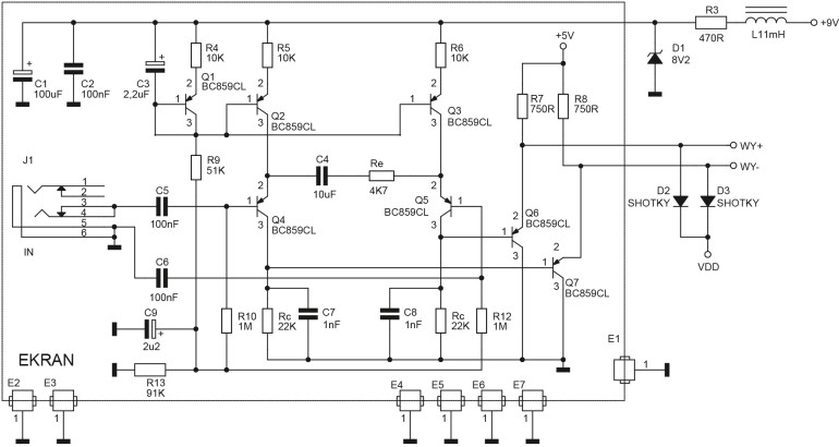 Rysunek 3. Schemat elektryczny stopnia wejściowego ze wzmacniaczem różnicowym