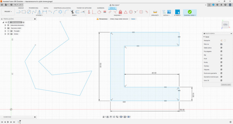 Rysunek 2. Szkic kształtu: przed dodaniem parametrów i wiązań (po lewej) i po ich dodaniu (po prawej)