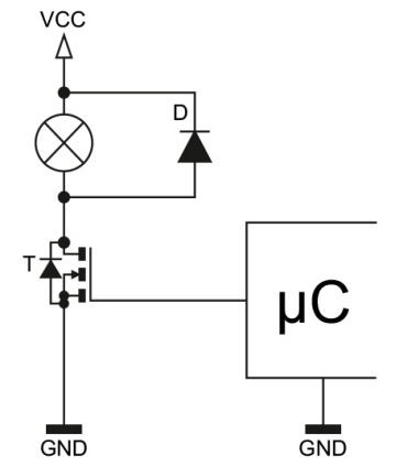 Rysunek 1. Podstawowy układ sterowania tranzystorem MOSFET za pomocą mikrokontrolera