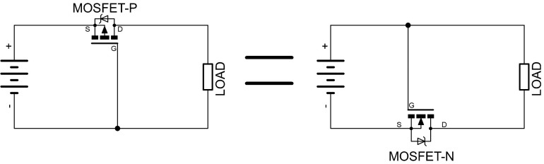 Rysunek 2. Podstawowa wersja diody idealnej z tranzystorem MOSFET-P lub MOSFET-N