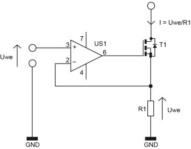 Rysunek 1. Podstawowy układ precyzyjnego źródła prądowego z tranzystorem MOSFET