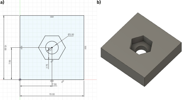 Rysunek 1. Montaż nakrętki we wgłębieniu: projekt (a) i gotowy model (b)
