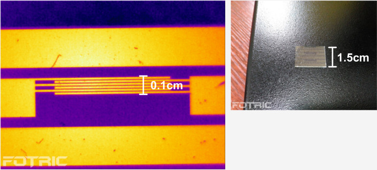 Fotografia 8. Przykładowy obraz termowizyjny w trybie makro – widok mikroelektrod wykonanych metodą trawienia laserowego