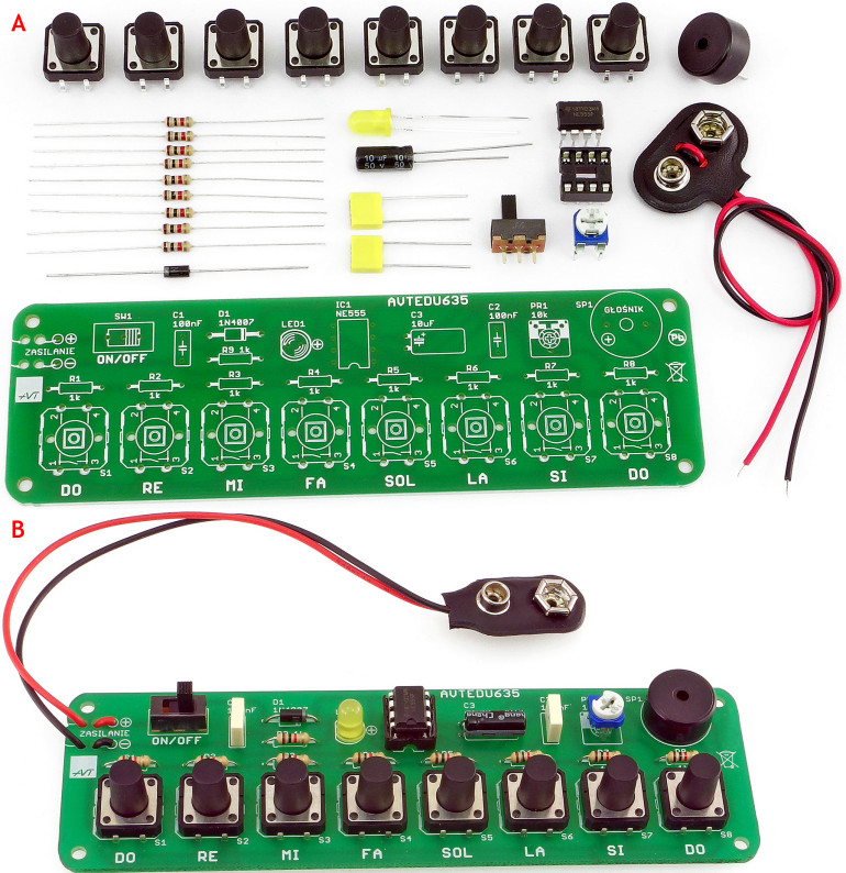 Fotografia 2. Minipianino (kod AVTEDU635): a) zestaw do samodzielnego montażu, b) zmontowany układ