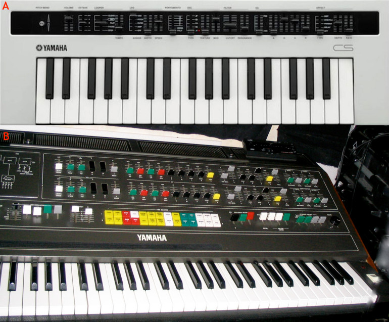 Fotografia 3. Syntezator Yamaha Reface CS (a) jest wirtualnym syntezatorem analogowym, mającym uchwycić brzmienie i charakter syntezatora Yamaha CS-80 (b). Nie jest to jednak stuprocentowa replika, a bardziej hołd złożony oryginałowi