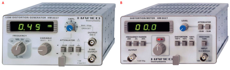 Fotografia 2a,b. Nieprodukowane już moduły generatora o niskich zniekształceniach HM8037 i miernika zniekształceń nieliniowych HM8027 firmy Hameg (dzisiaj Rohde & Schwarz)