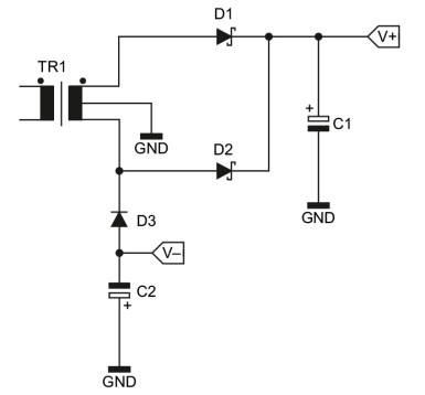 Rysunek 1. Prostownik jednopołówkowy z transformatorem o dzielonym uzwojeniu