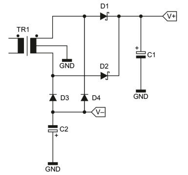 Rysunek 2. Uzupełnienie układu z rysunku 1 do postaci prostownika dwupołówkowego