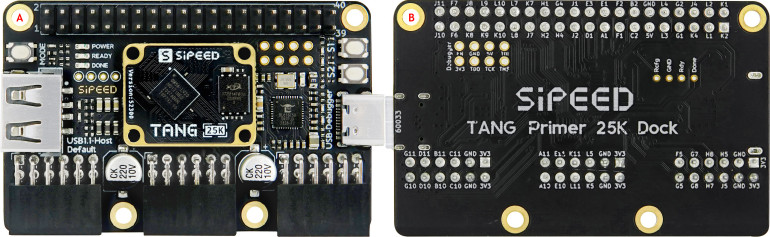 Fotografia 1. Zestaw Sipeed Tang Primer 25k z bliska: strona elementów (a) i druku (b)