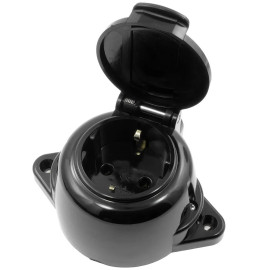 Gniazdo elektryczne bryzgoszczelne IP44 z klapką, montaż natynkowy, kolor czarny, seria Retro PRL, ATR-G-001B