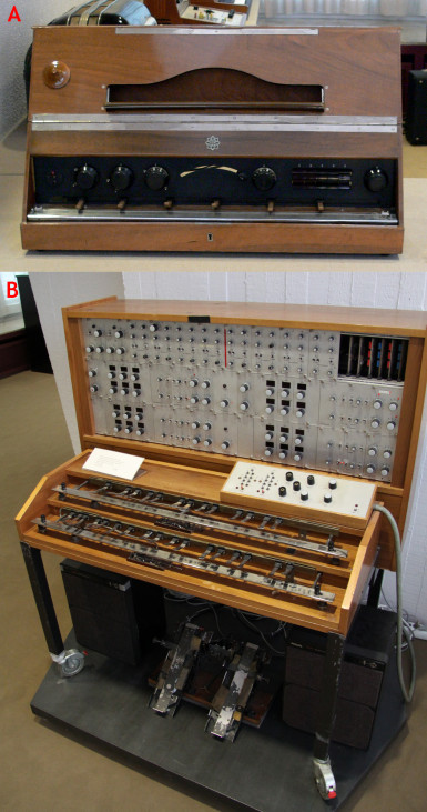Fotografia 1. Trautonium: Telefunken Volkstrautonium z 1933 roku (a) oraz późniejszy instrument, Mixtur-Trautonium z 1955 roku (b)
