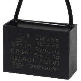 Kondensator rozruchowy do silnika 2 uF 450 VAC, przewody 20 cm, 36×15×25 mm, EPERS CBB61-2UF