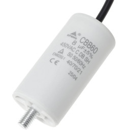 Kondensator rozruchowy do silnika 8 uF 450 VAC, przewody 15 cm, 35×65 mm, EPERS CBB60-P-8UF