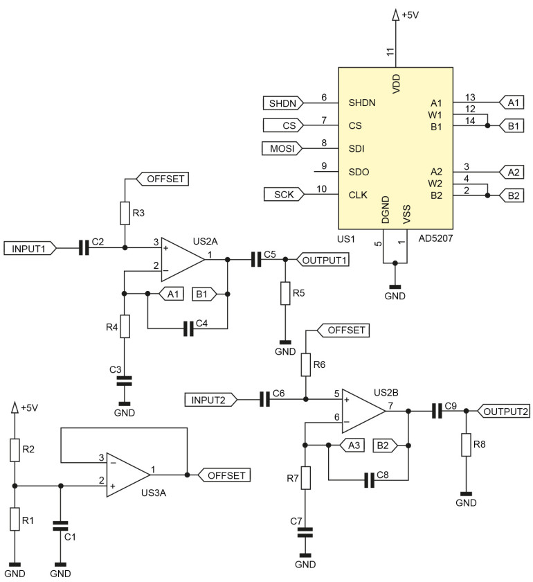 Rysunek 2. Przykład zastosowania potencjometru cyfrowego do regulacji wzmocnienia