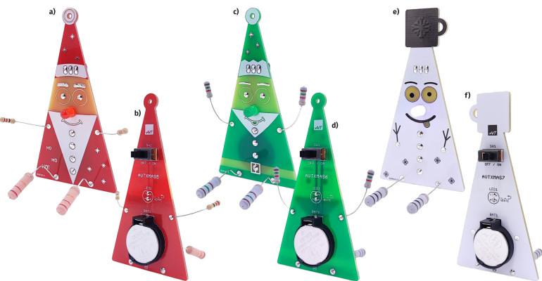 Fotografia 1. Zmontowane zestawy; a) i b) Pomysłowy Mikołaj LED (XMAS5); c) i d) Elf Pomocnik LED (XMAS6) oraz e) i f) Wesoły Bałwanek LED (XMAS7)