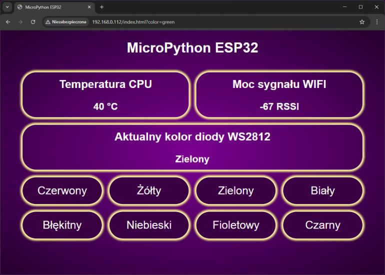 Rysunek 1. Przeglądarka Chrome ze stroną internetową wygenerowaną przez ESP32