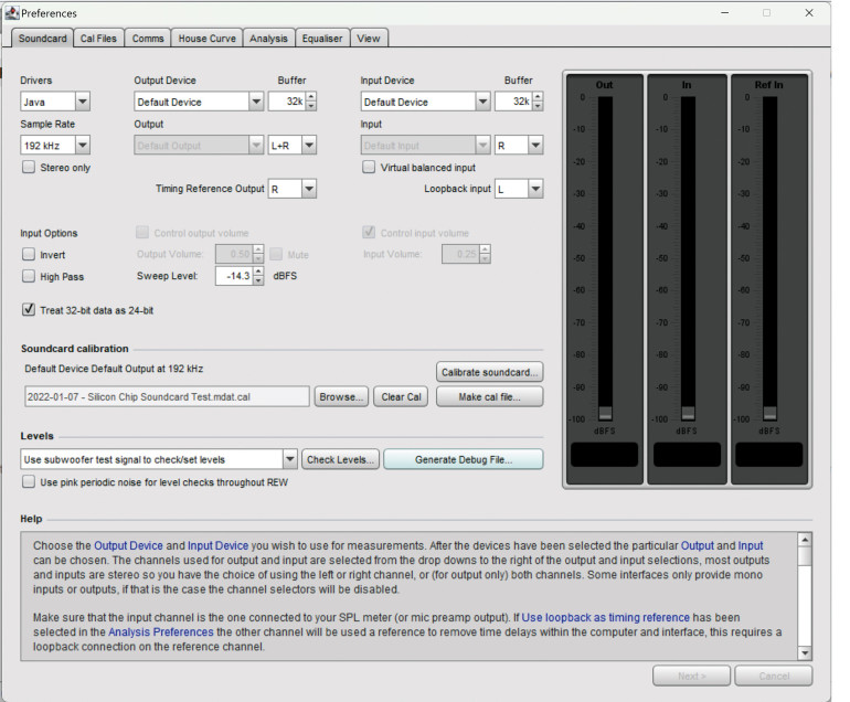 Zrzut ekranu 1. Okno dialogowe „preferencji” programu REW. Sprawdzamy tu, czy ustawienia urządzenia wejściowego i wyjściowego oraz częstotliwości próbkowania są prawidłowe