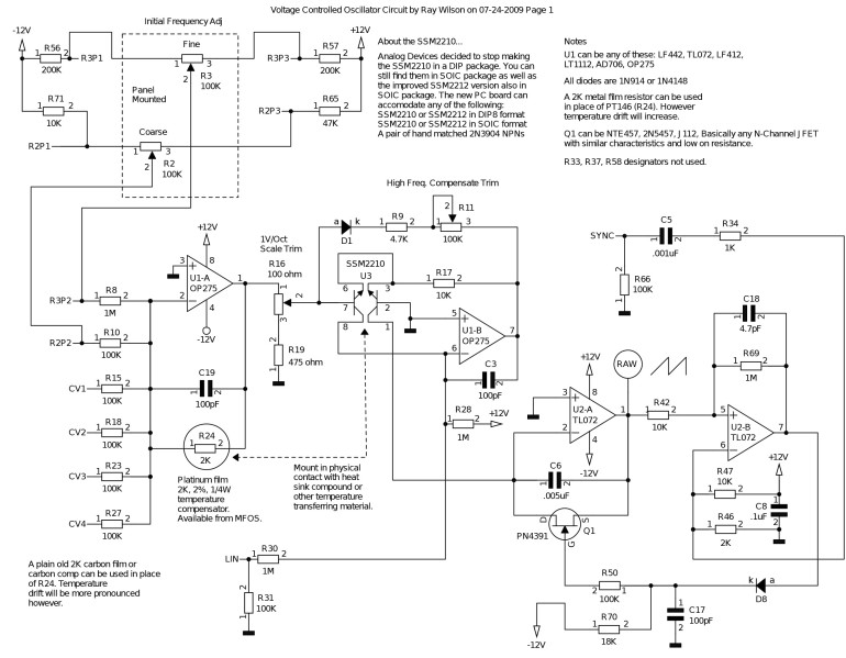 Rysunek 1. Zaawansowany oscylator VCO, część 1: sekcja konwertera napięcia na prąd wykładniczy oraz generator surowego przebiegu piłokształtnego